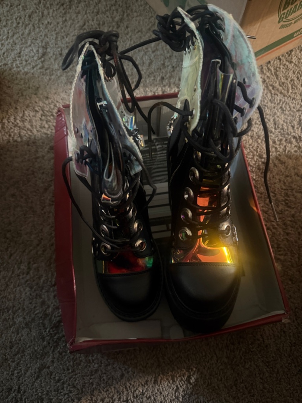 Demonia Iridescent Black Lace-Up Platform Ankle Boots - Picture 6 of 10